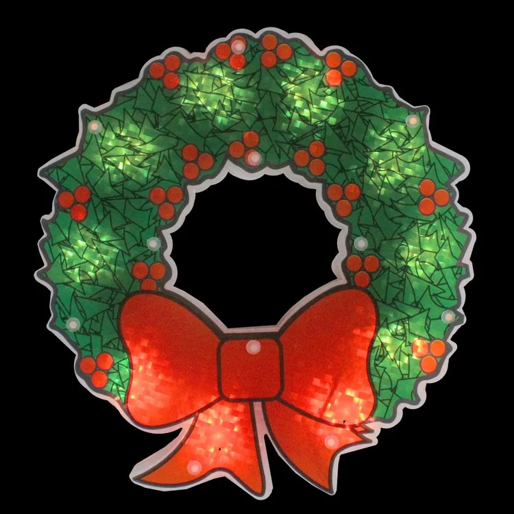 11" Green and Red Lighted Wreath Christmas Window Silhouette Decoration