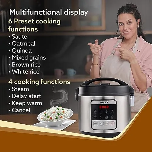 AGARO Royal Electric Rice Cooker,5L Ceramic Coated Inner Bowl,Steam Basket,5 Preset Cooking Function with Advanced Fuzzy Logic,Keep Warm Function,Cooks Up To 8 Cups (1500G) Of Raw Rice,Silver,5 Liter