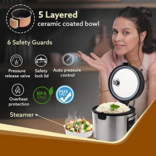 AGARO Royal Electric Rice Cooker,5L Ceramic Coated Inner Bowl,Steam Basket,5 Preset Cooking Function with Advanced Fuzzy Logic,Keep Warm Function,Cooks Up To 8 Cups (1500G) Of Raw Rice,Silver,5 Liter