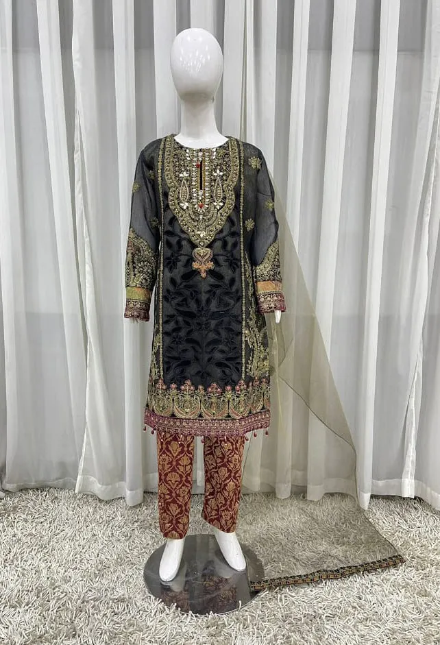 Ally's Kids Fancy Black Khadi Net Suit (AL-3324K)