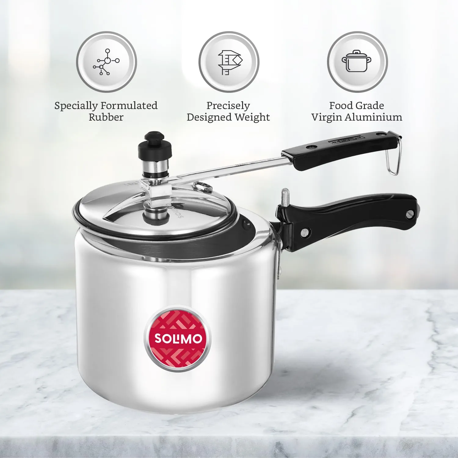 Amazon Brand - Solimo - Sleek Induction Bottom Aluminium Pressure Cooker - 3 Liter (Inner Lid), Silver