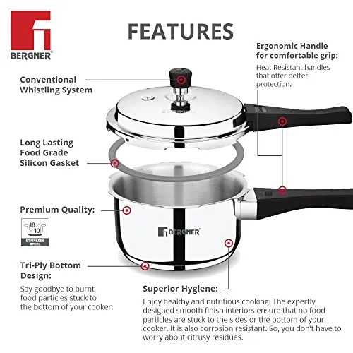 Bergner Sorrento Stainless Steel Outer Lid Pressure Cooker Combo, 2 Litre and 3 Litre Combo Cooker, Triply Base, Heavy Bottom, Easy Open and Close, Induction Base & Gas Ready, Silver, 5-Year Warranty