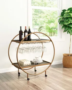 Black And Gold Iron And Mirrored Glass Rolling Bar Cart