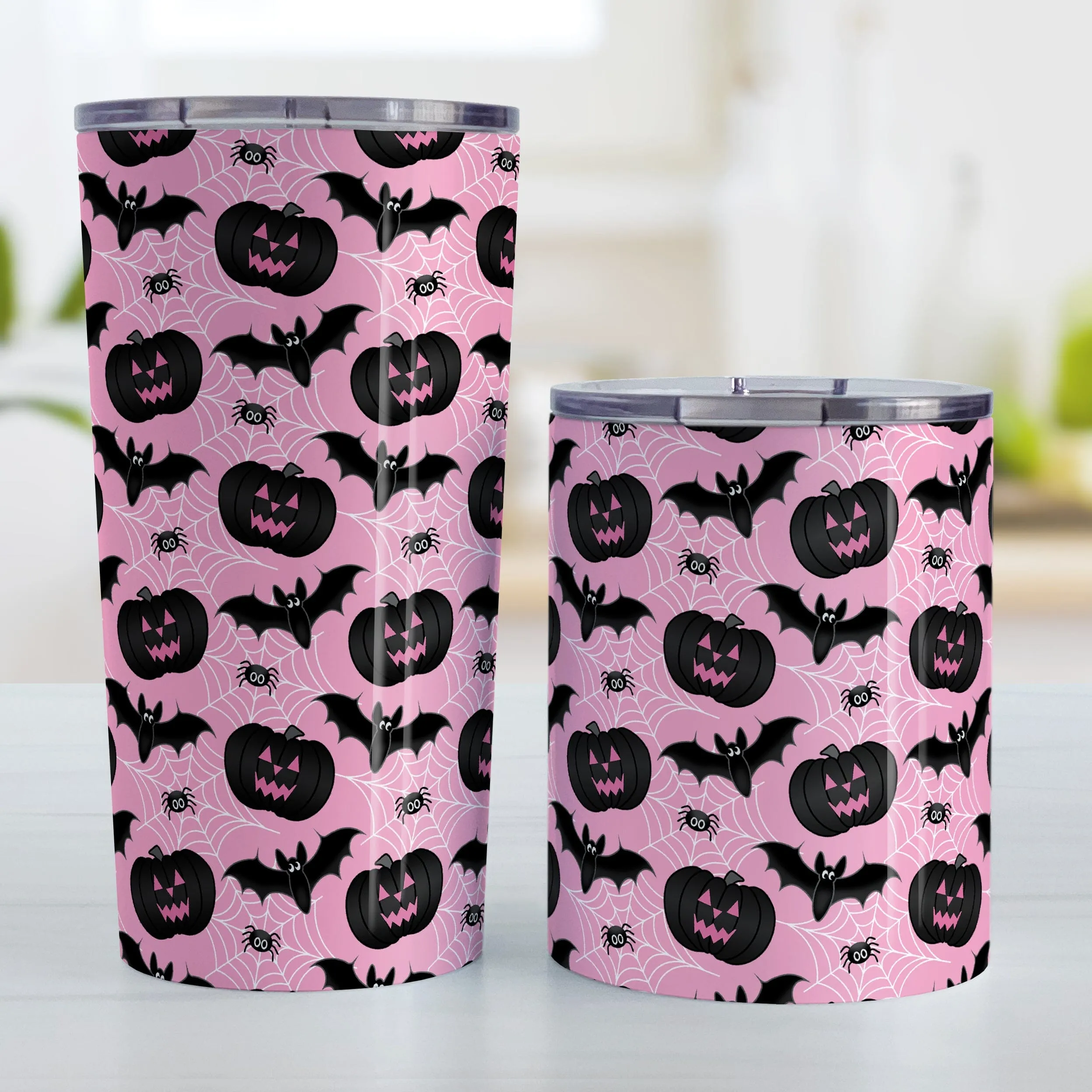 Black Pumpkins Bats and Spiders Pink Halloween Tumbler Cup