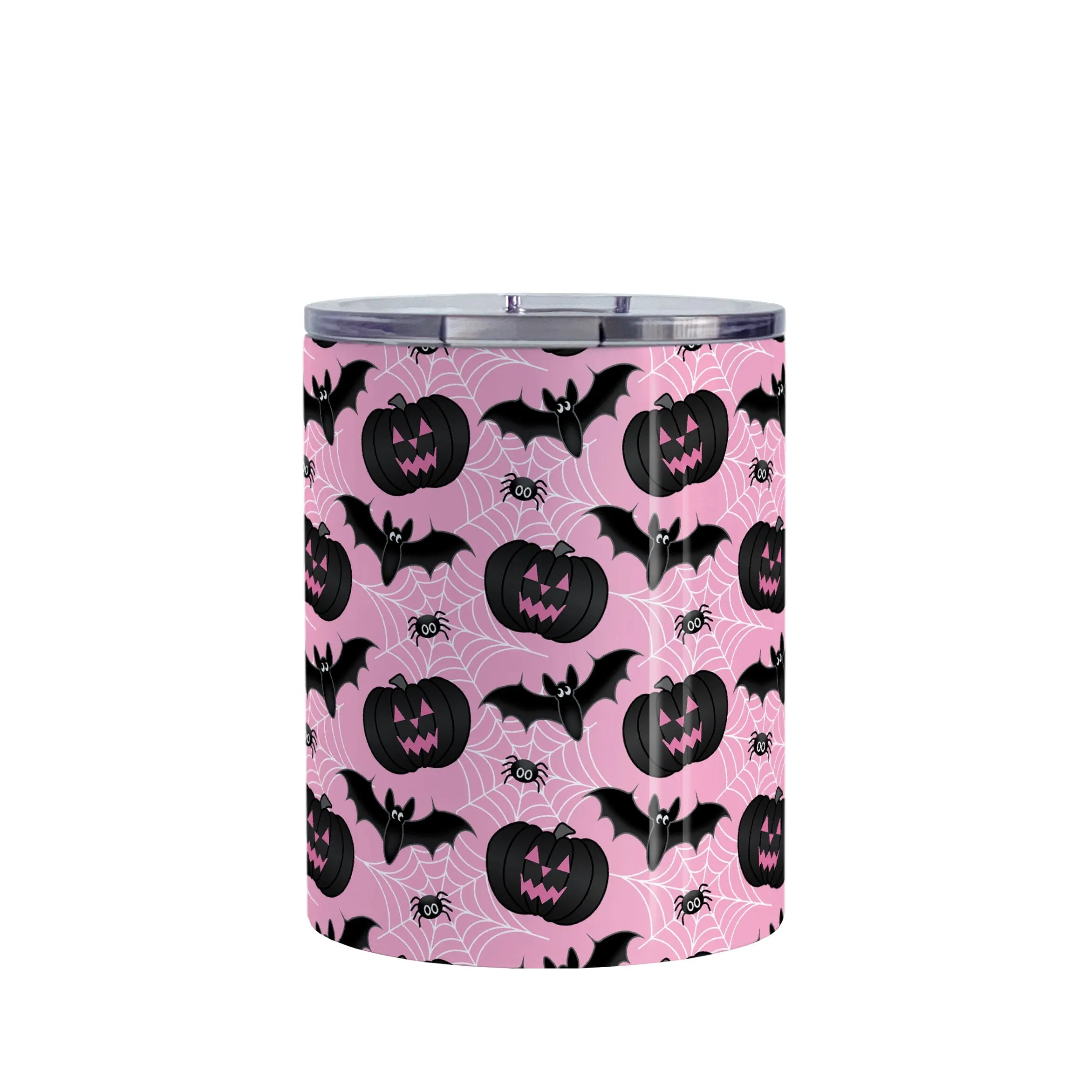 Black Pumpkins Bats and Spiders Pink Halloween Tumbler Cup