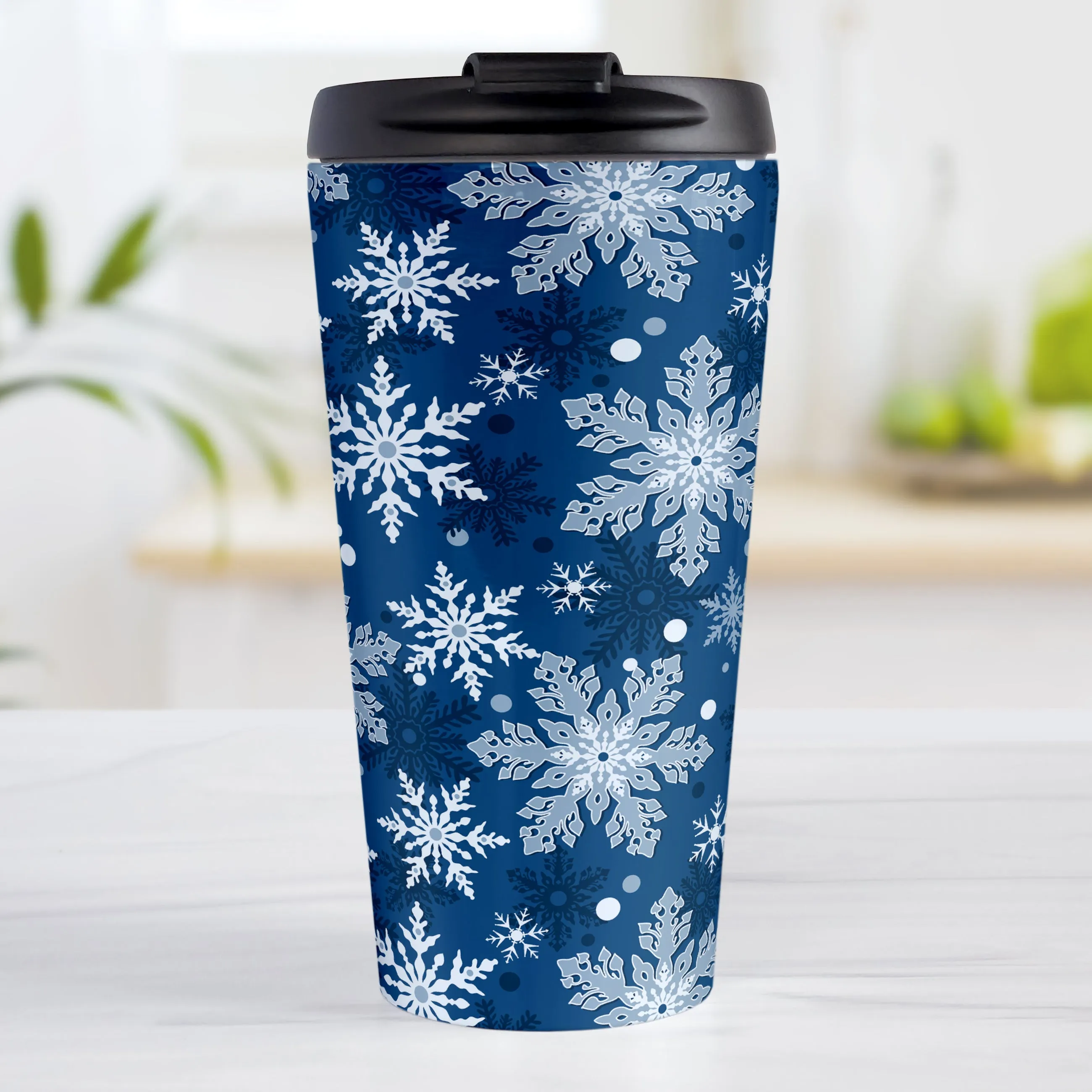 Classic Blue Snowflake Pattern Winter Travel Mug