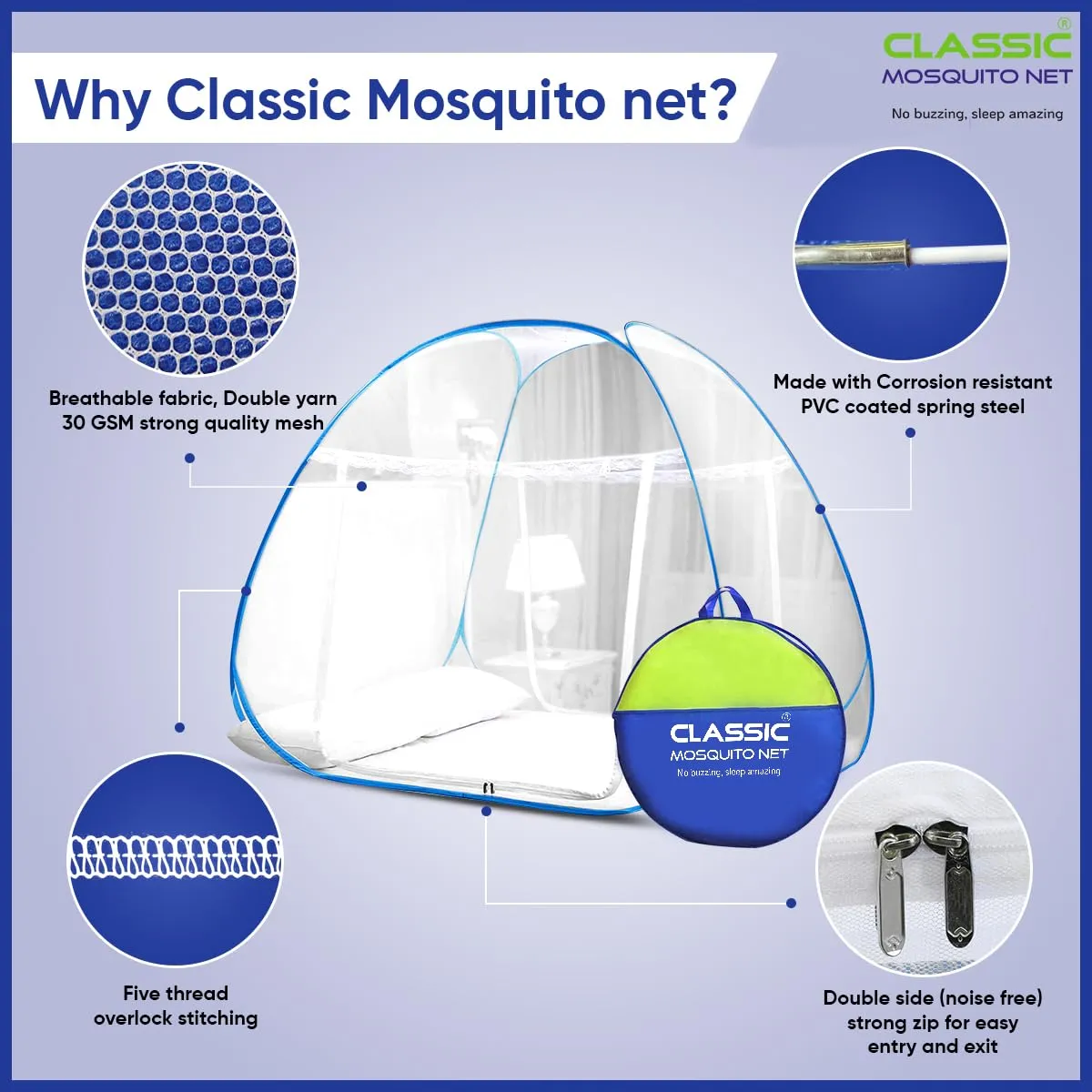 Classic Mosquito Net for Double Bed | King Size Foldable Premium Machardani | Extra Mosquito Protection | Polyester 30GSM Strong Net | PVC Coated Corrosion Resistant Steel Wire - Purple