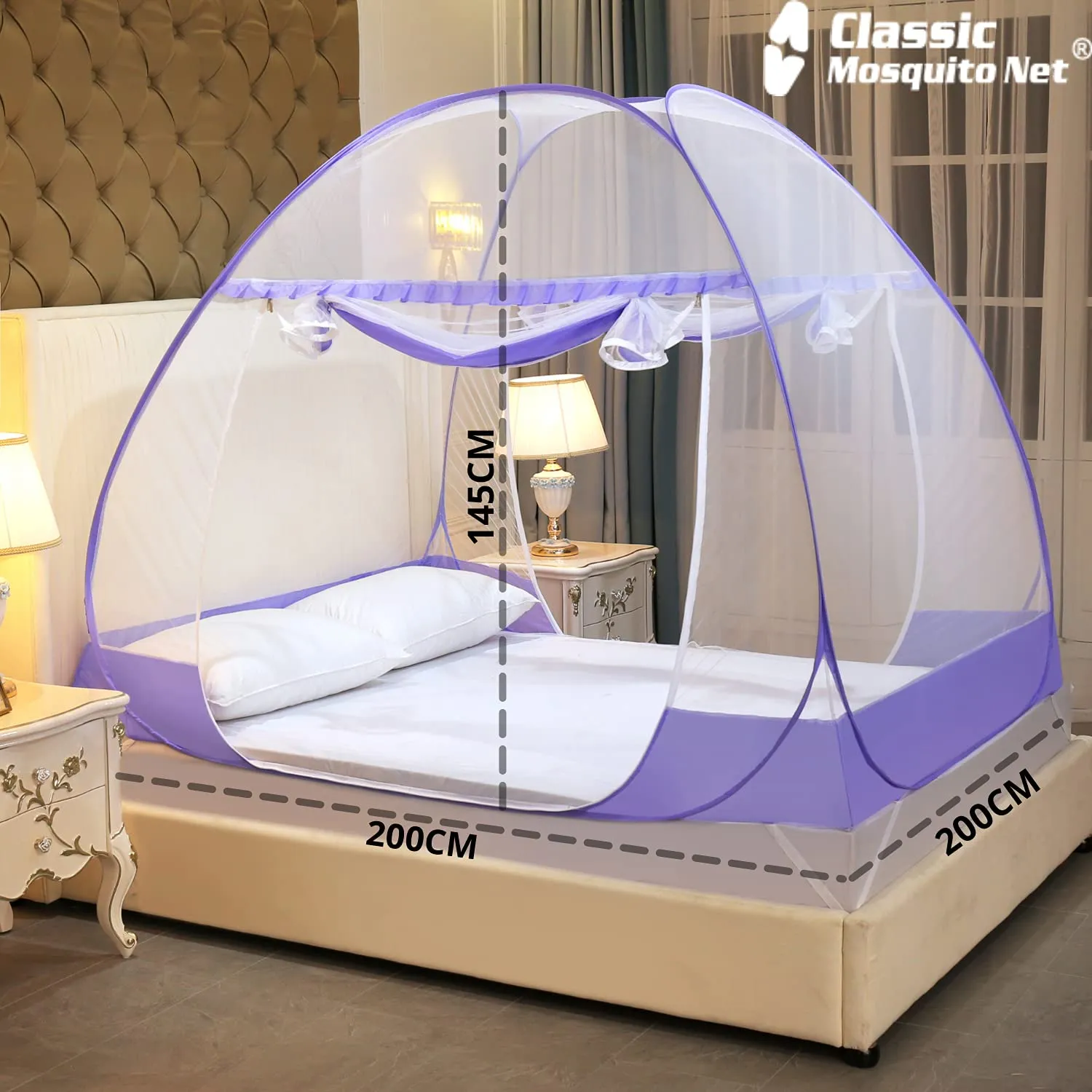 Classic Mosquito Net for Double Bed | King Size Foldable Premium Machardani | Extra Mosquito Protection | Polyester 30GSM Strong Net | PVC Coated Corrosion Resistant Steel Wire - Purple