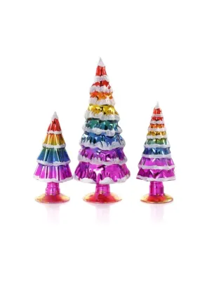 Cody Foster 4"-7" Tall Matte and Mirror Glass Christmas Village Tree Set of 3 Bright Rainbow