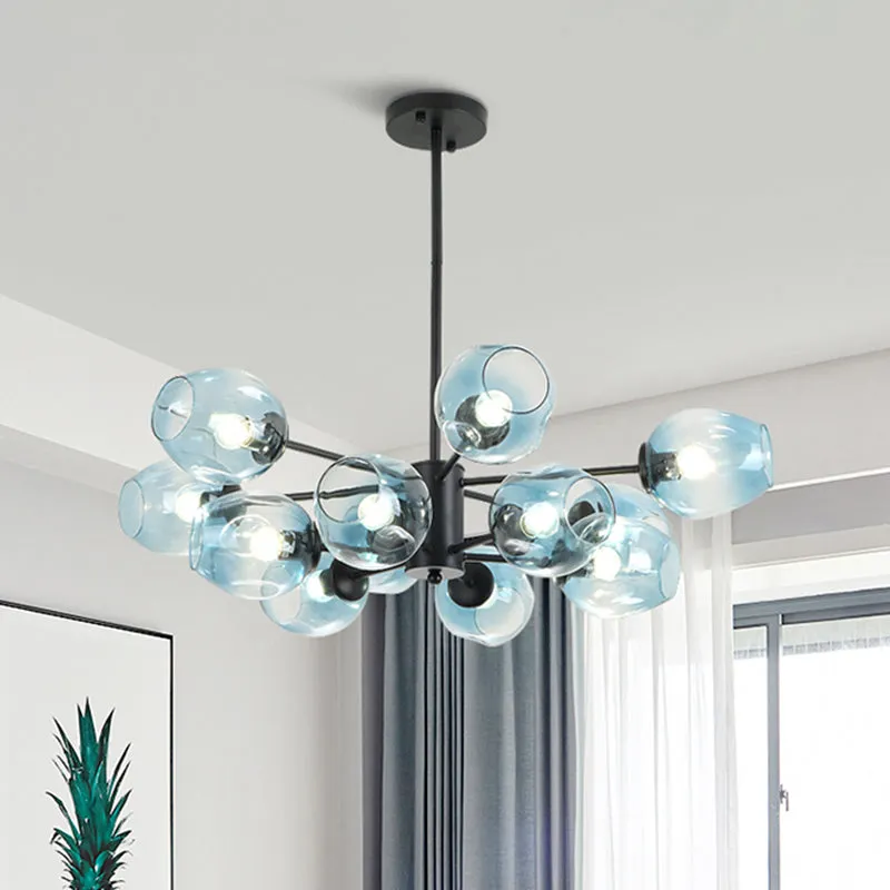 Contemporary Blue Glass 12-Head Cup Pendant Chandelier - Perfect for Your Living Room Ceiling