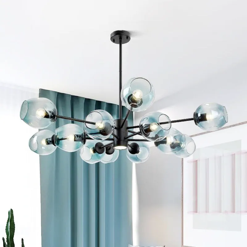 Contemporary Blue Glass 12-Head Cup Pendant Chandelier - Perfect for Your Living Room Ceiling