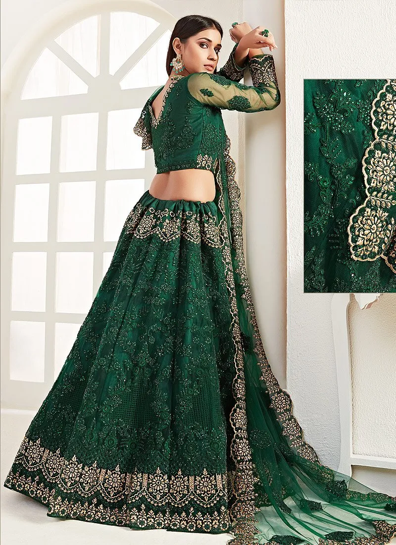 Dark Green Net Embroidered Wedding Lehenga Choli