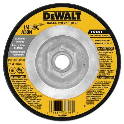 DeWalt® HP T27 Aluminum Grinding Wheel, 4-1/2 in dia, 5/8 in-11 in Arbor, 13,300 RPM, DW8405