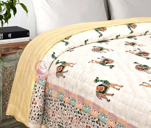 EMIOUR 250 GSM Jaipuri Hand Block and Screen Camel Printed Winter Cotton Double Bed Quilt Razai - King Size Red, Green, Cream and Multicolor, Rajai, Lightweight