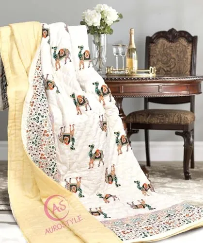 EMIOUR 250 GSM Jaipuri Hand Block and Screen Camel Printed Winter Cotton Double Bed Quilt Razai - King Size Red, Green, Cream and Multicolor, Rajai, Lightweight