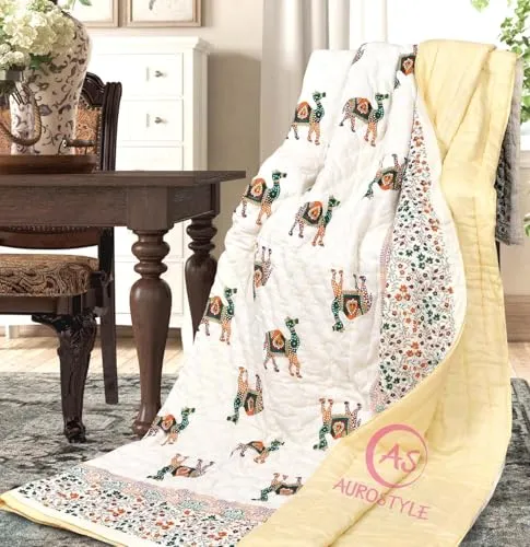 EMIOUR 250 GSM Jaipuri Hand Block and Screen Camel Printed Winter Cotton Double Bed Quilt Razai - King Size Red, Green, Cream and Multicolor, Rajai, Lightweight