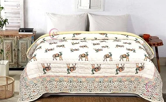 EMIOUR 250 GSM Jaipuri Hand Block and Screen Camel Printed Winter Cotton Double Bed Quilt Razai - King Size Red, Green, Cream and Multicolor, Rajai, Lightweight