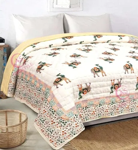 EMIOUR 250 GSM Jaipuri Hand Block and Screen Camel Printed Winter Cotton Double Bed Quilt Razai - King Size Red, Green, Cream and Multicolor, Rajai, Lightweight