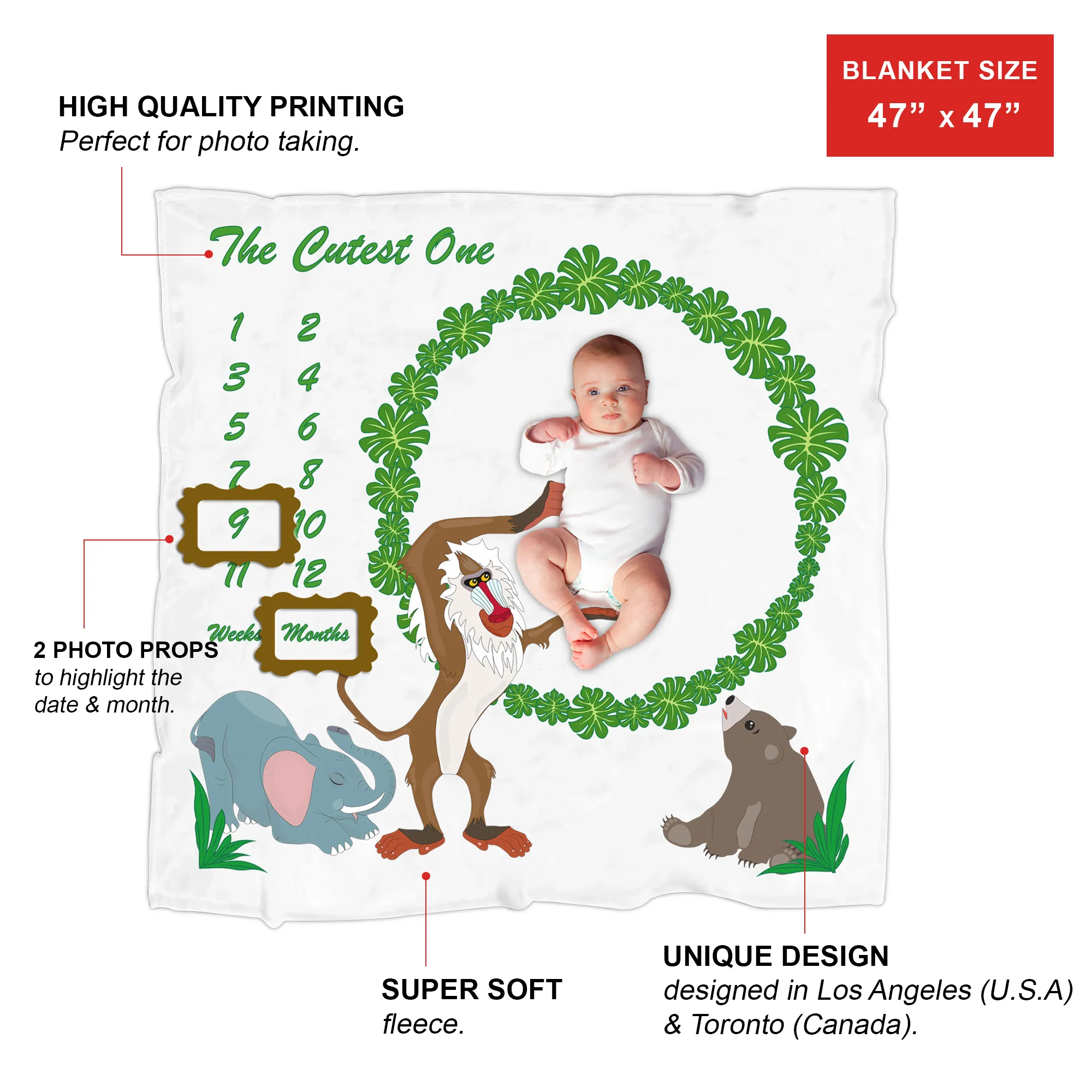 Endanzoo Baby Monthly Milestone Fleece Blanket - Jungle Friends