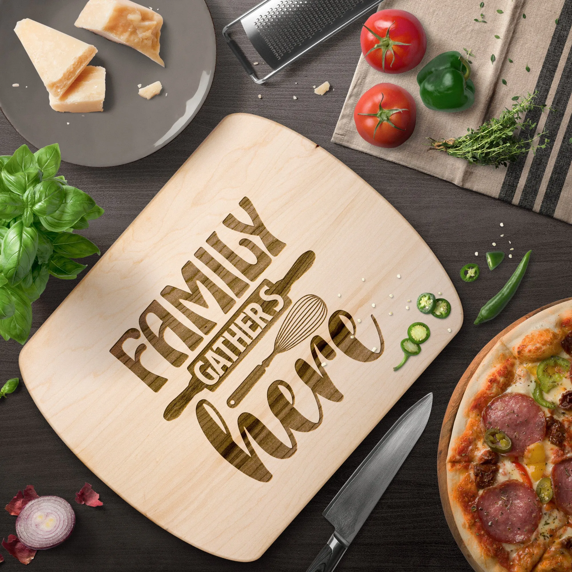 Family Gathers Here Cutting Board