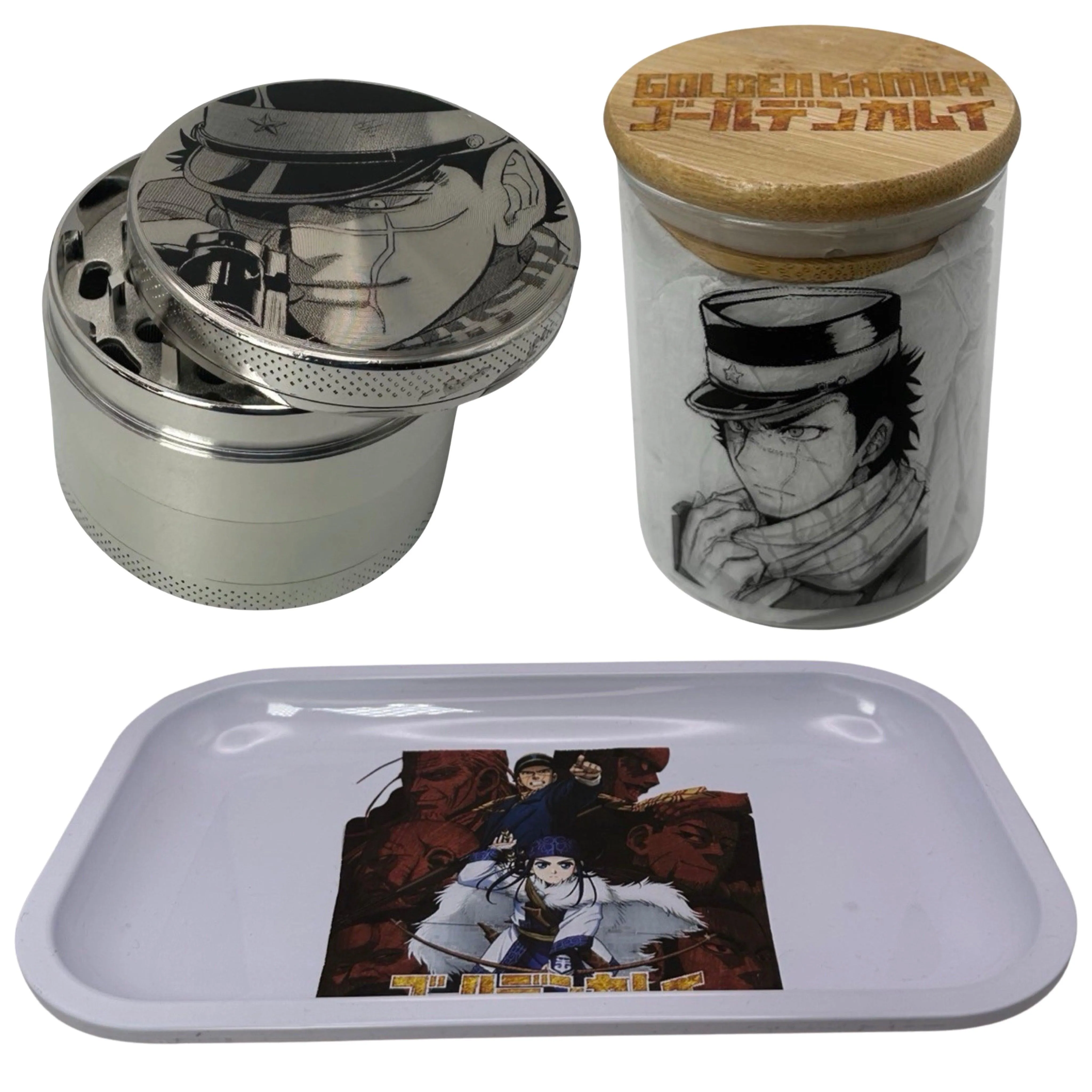 Golden Kamuy Anime Spice Grinder, Stash Jar, Rolling Tray Set