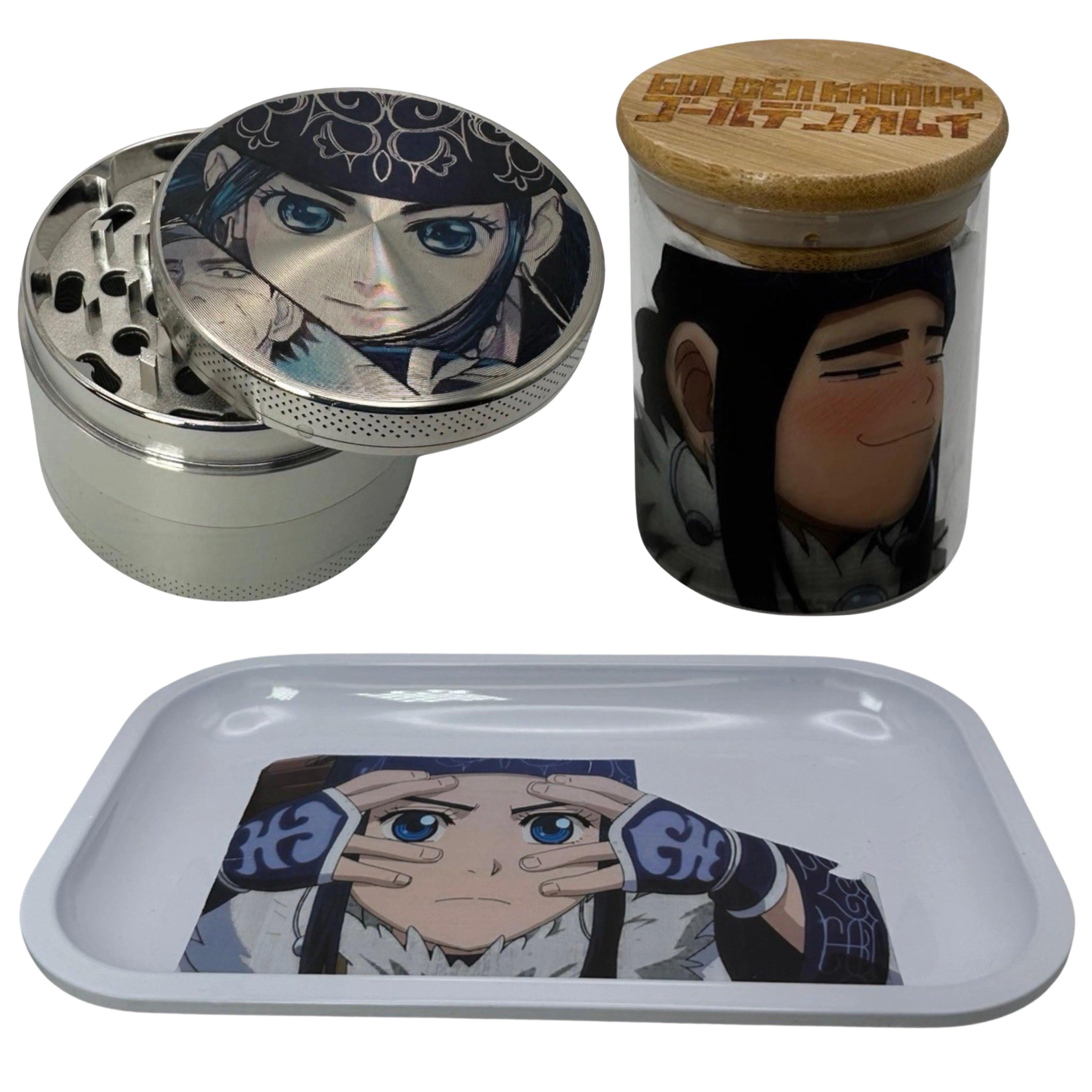 Golden Kamuy Anime Spice Grinder, Stash Jar, Rolling Tray Set