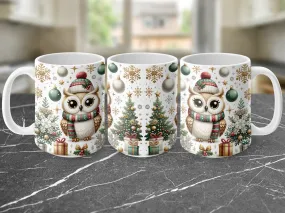 Green Gold Christmas Owl Coffee Mug, Holiday Mug, Red Mug with Snowflakes, Snowy Owl Coffee Cup Christmas Gift