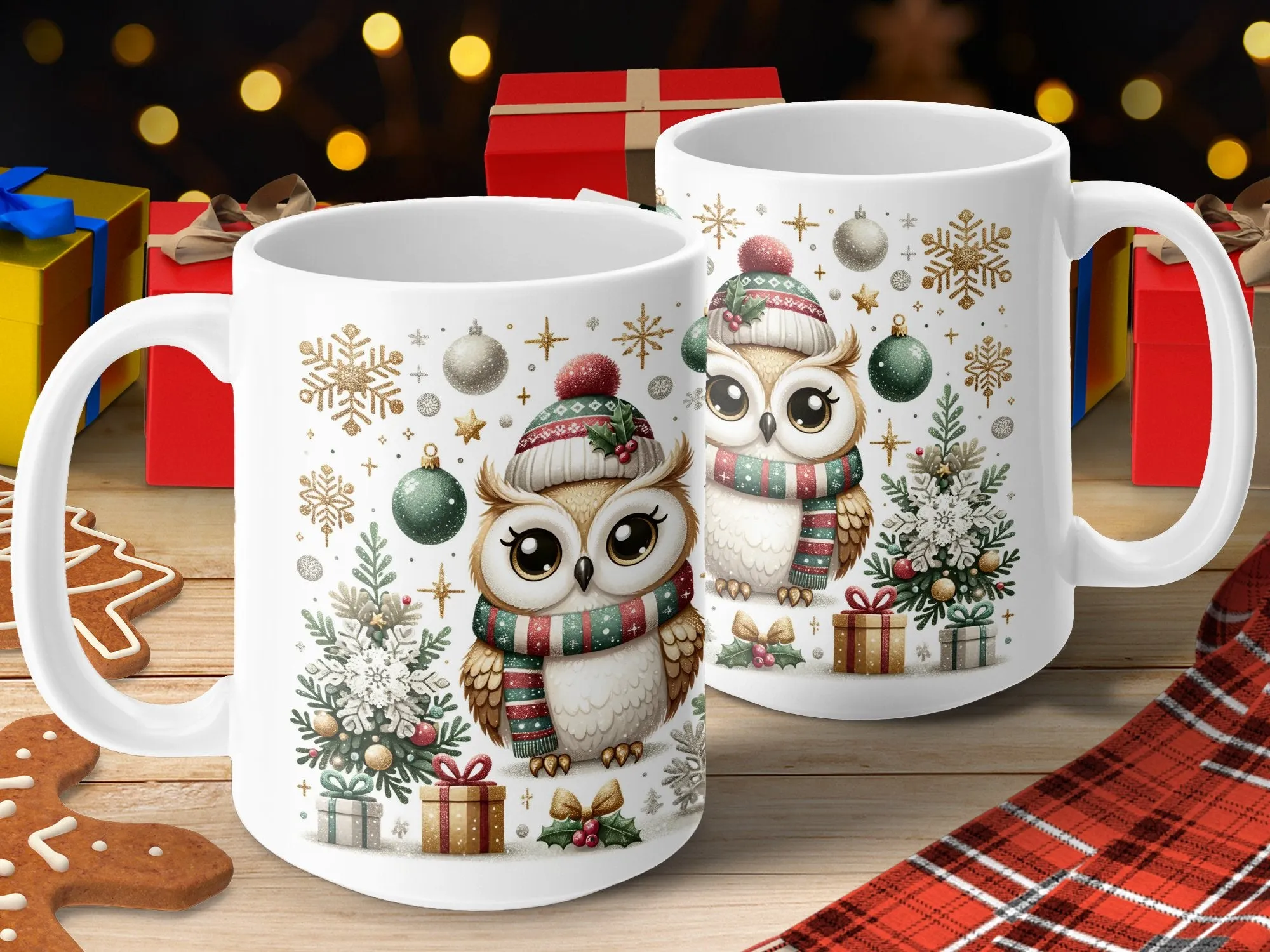 Green Gold Christmas Owl Coffee Mug, Holiday Mug, Red Mug with Snowflakes, Snowy Owl Coffee Cup Christmas Gift