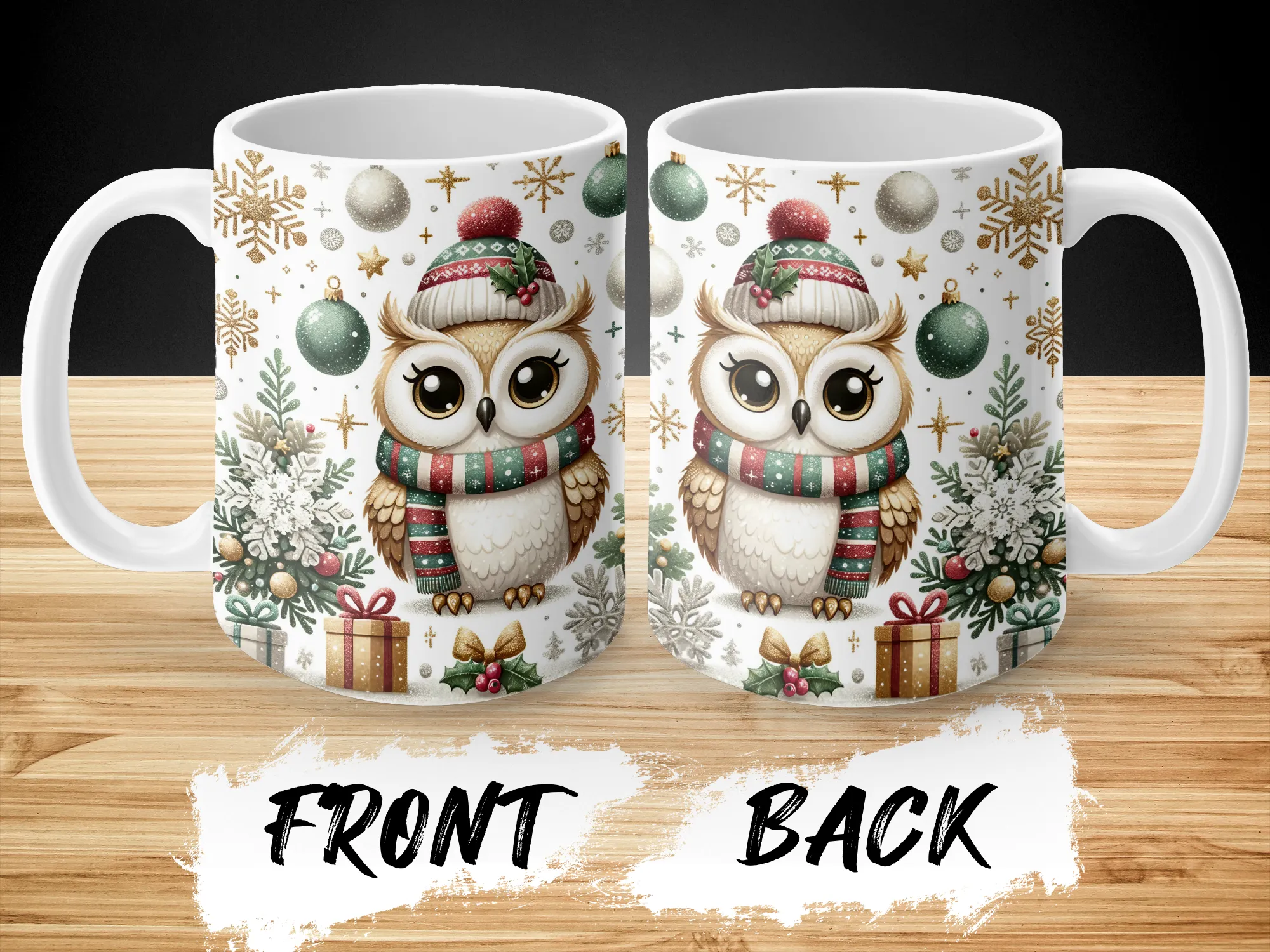 Green Gold Christmas Owl Coffee Mug, Holiday Mug, Red Mug with Snowflakes, Snowy Owl Coffee Cup Christmas Gift