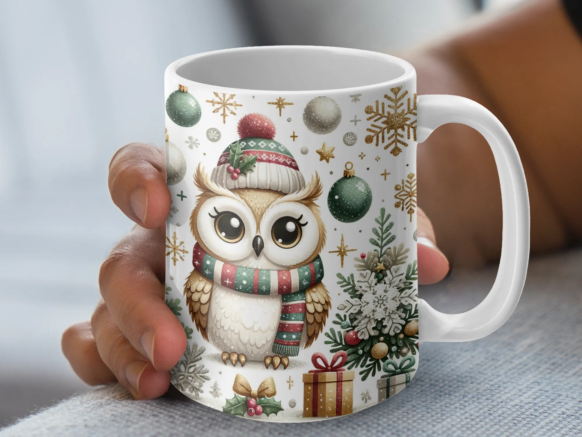 Green Gold Christmas Owl Coffee Mug, Holiday Mug, Red Mug with Snowflakes, Snowy Owl Coffee Cup Christmas Gift