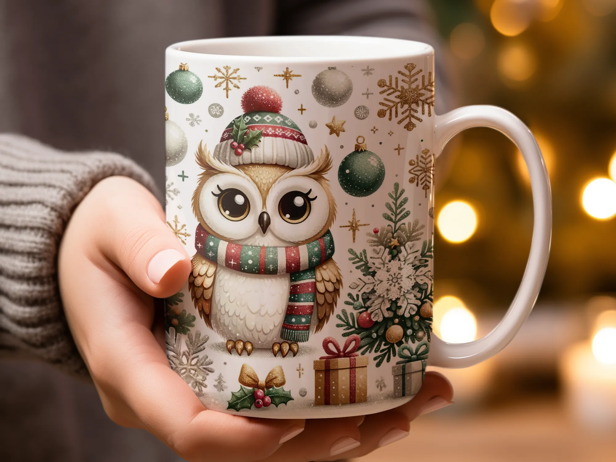 Green Gold Christmas Owl Coffee Mug, Holiday Mug, Red Mug with Snowflakes, Snowy Owl Coffee Cup Christmas Gift