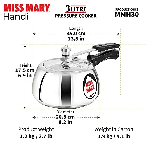 Hawkins Miss Mary Aluminium Inner Lid Handi Pressure Cooker, 3 Litre, Silver (MMH30)