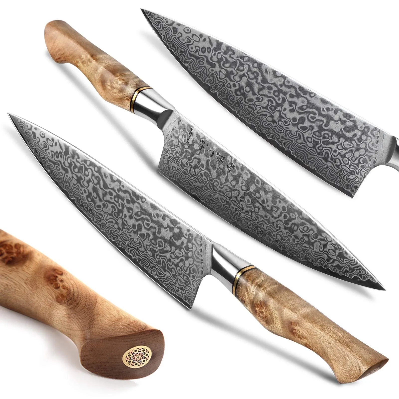 HEZHEN 5PC Kitchen Knives Set-Durable, Vacuum Heat Treated Damascus Steel