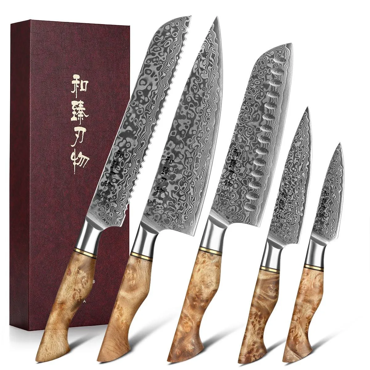 HEZHEN 5PC Kitchen Knives Set-Durable, Vacuum Heat Treated Damascus Steel