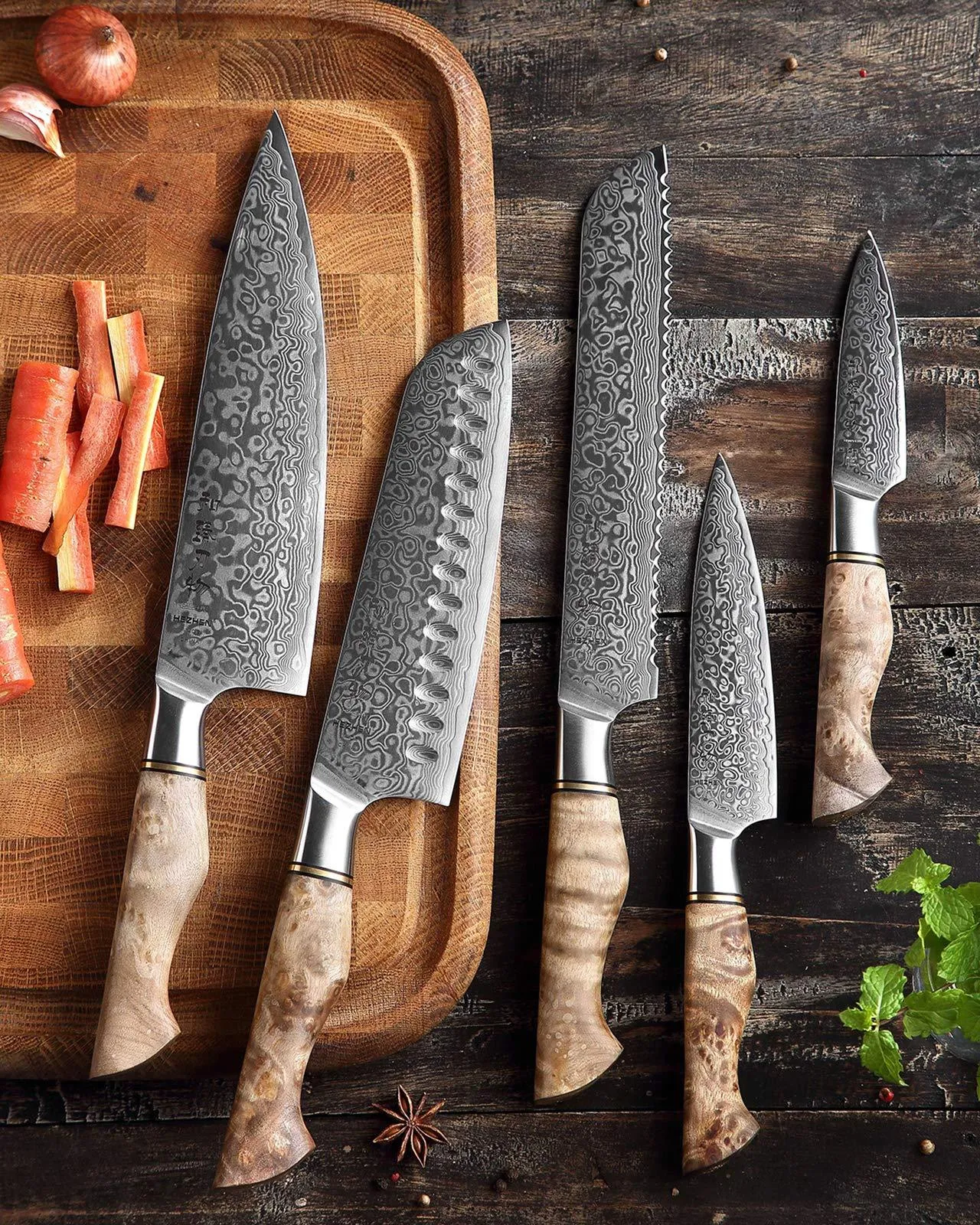 HEZHEN 5PC Kitchen Knives Set-Durable, Vacuum Heat Treated Damascus Steel