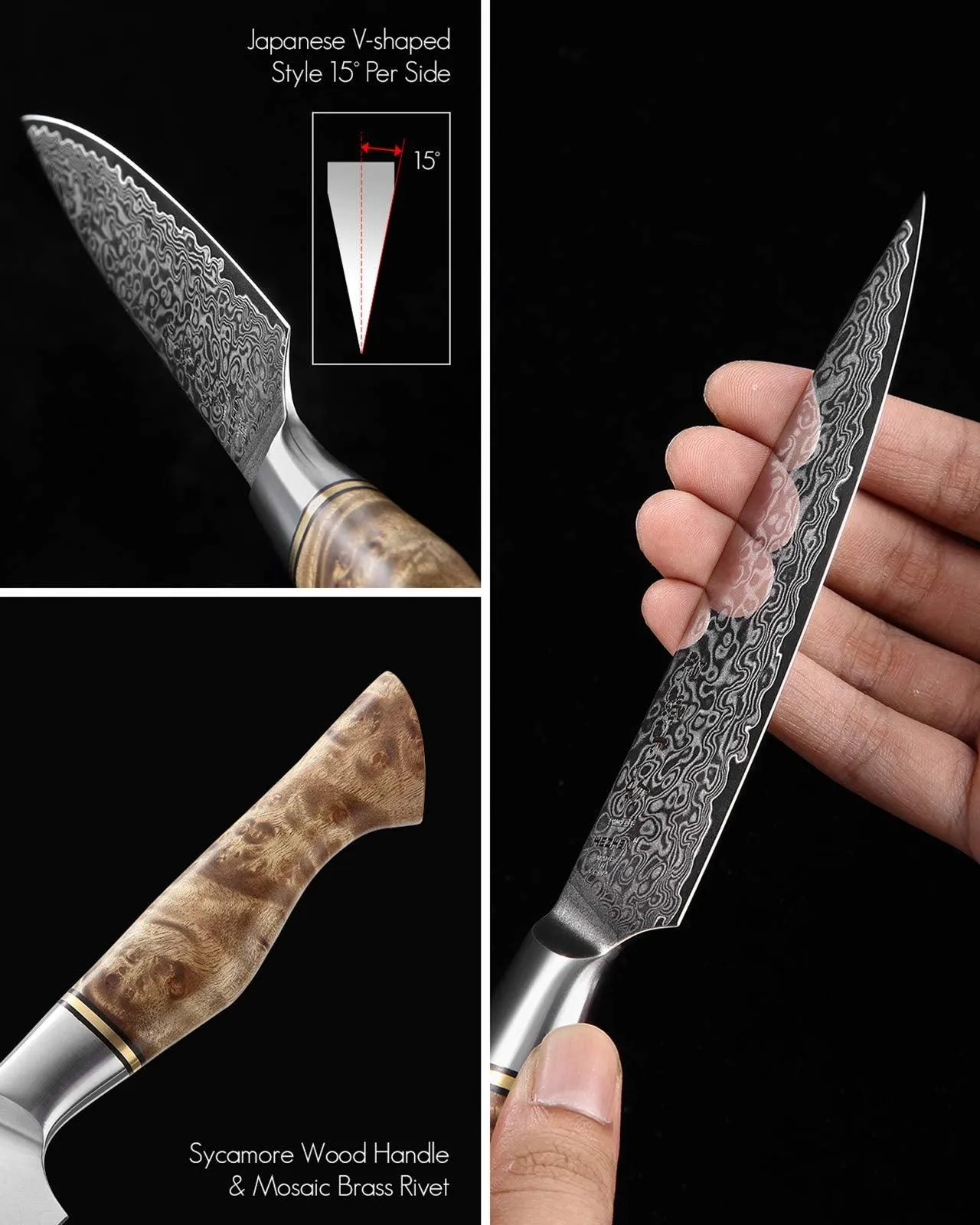 HEZHEN 5PC Kitchen Knives Set-Durable, Vacuum Heat Treated Damascus Steel