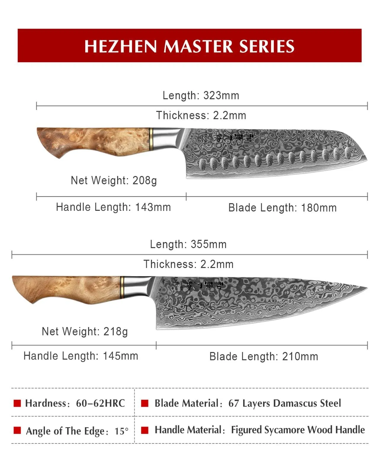 HEZHEN 5PC Kitchen Knives Set-Durable, Vacuum Heat Treated Damascus Steel