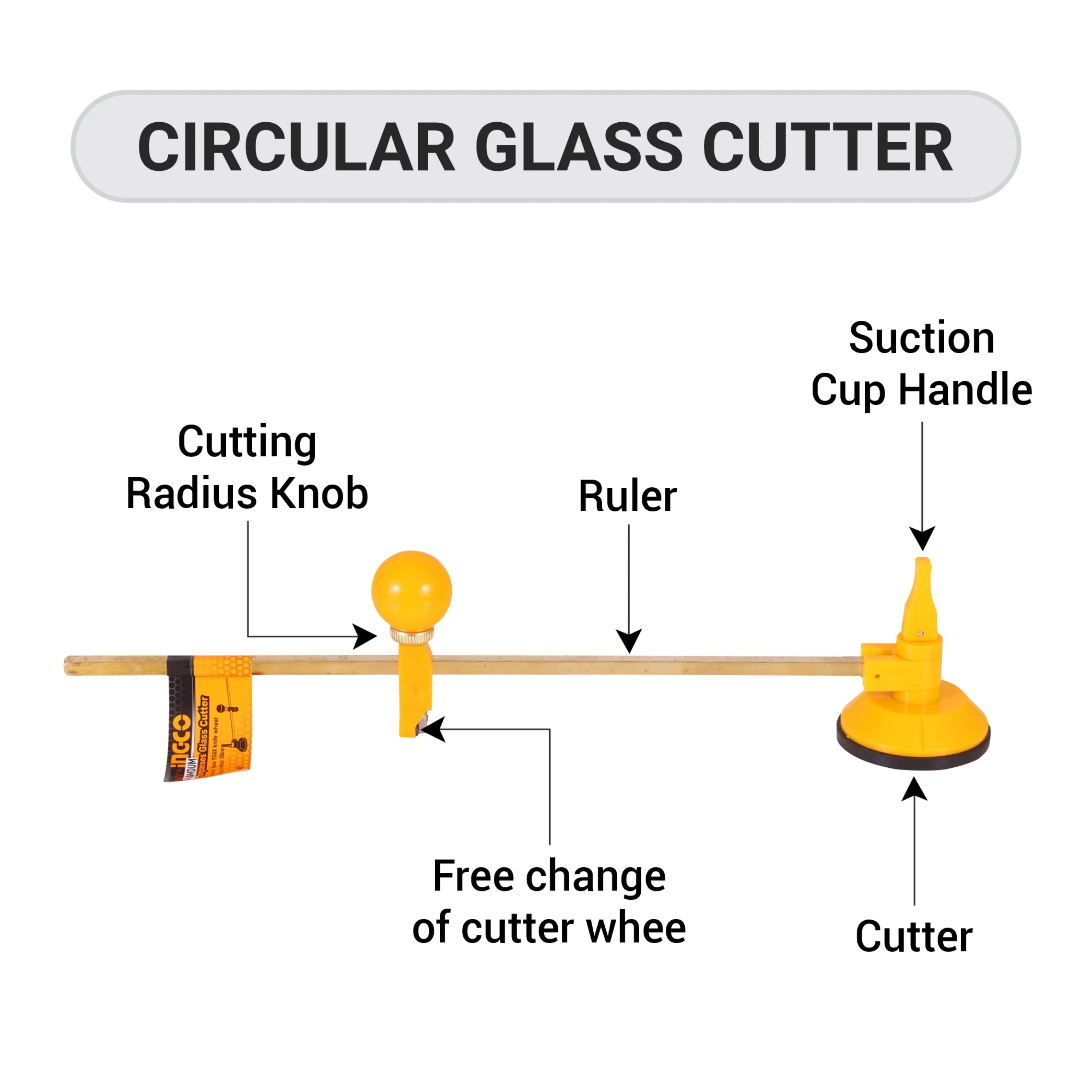 Ingco 24inch compass glass cutter 60cm circle mirror cutting Compass tool with Round Knob Handle & 6 pcs Knife wheel.