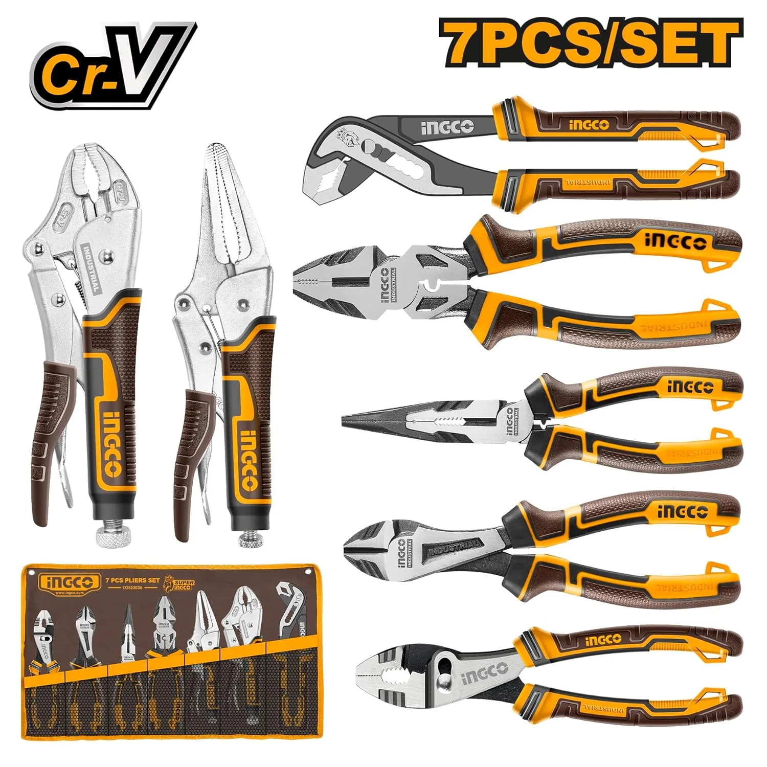 INGCO 7 Pcs Pliers Set, CR-V, Labor-saving Structural Design, Pliers, Hand tools, for Home improvement COS23036