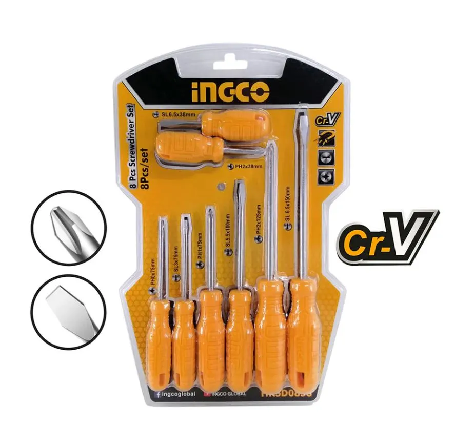 INGCO 8pcs Screwdriver Set 4pcs Flat, 4pcs Philips Screwdriver Round Blade Cr-V Material | HKSD0858