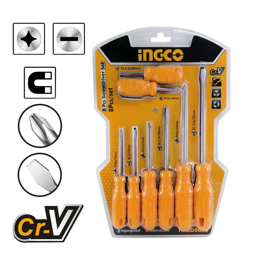 INGCO 8pcs Screwdriver Set 4pcs Flat, 4pcs Philips Screwdriver Round Blade Cr-V Material | HKSD0858