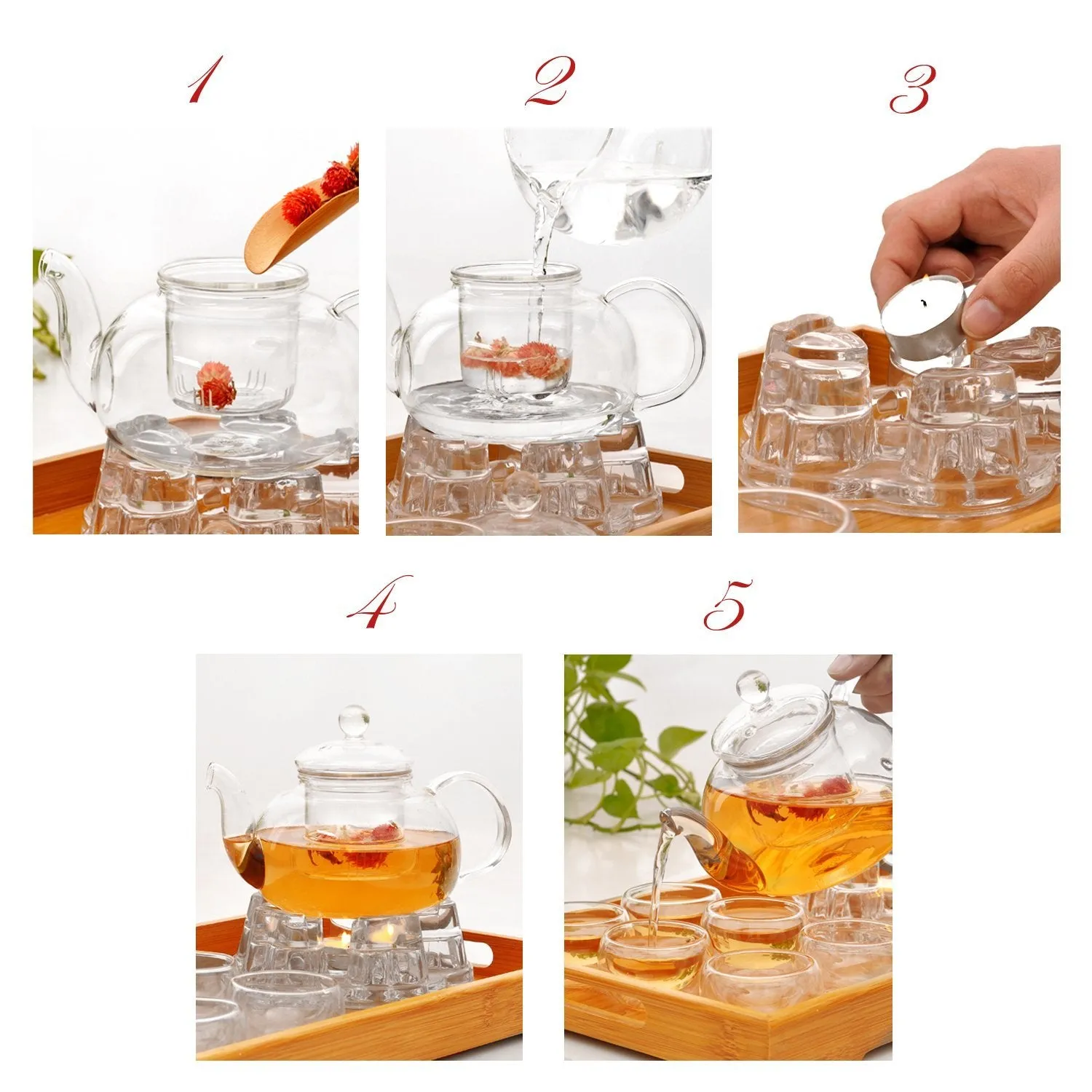 Jusalpha Glass Filtering Tea Maker Teapot with a Warmer and 6 Tea Cups Set (Version 1, 27 OZ)