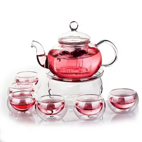 Jusalpha Glass Filtering Tea Maker Teapot with a Warmer and 6 Tea Cups Set (Version 1, 27 OZ)