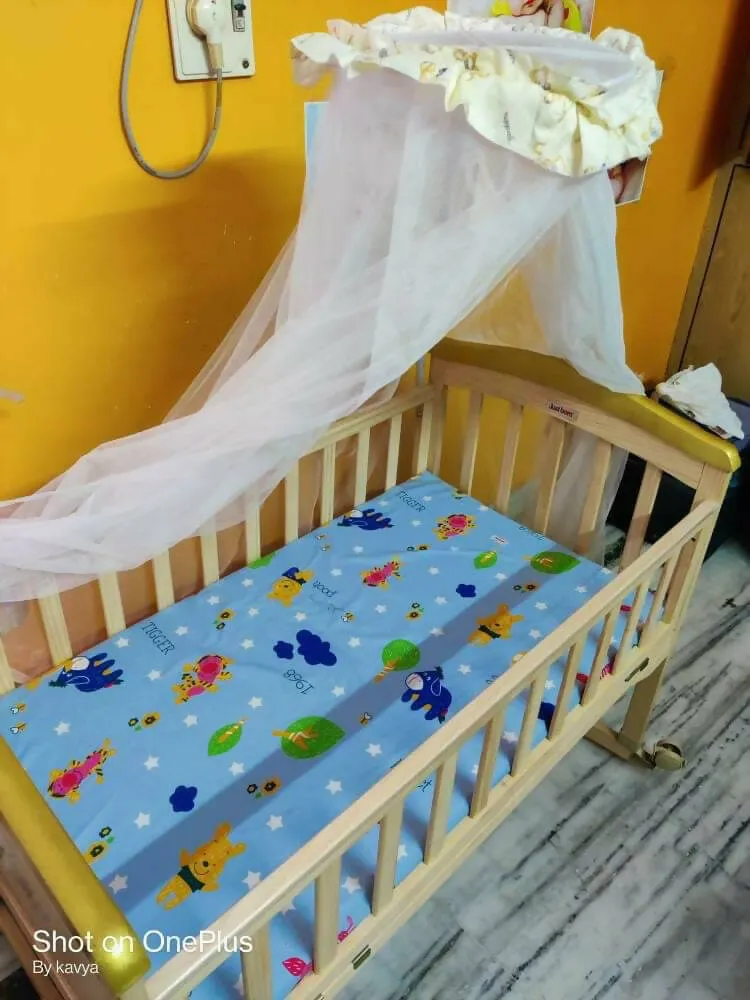 JUSTBORN Rocking Crib with One Side Openable Attached to Bed with Wheels and Mosquito Net , Dimensions:- L -41 inch , W- 24 inch , H- 30 inch