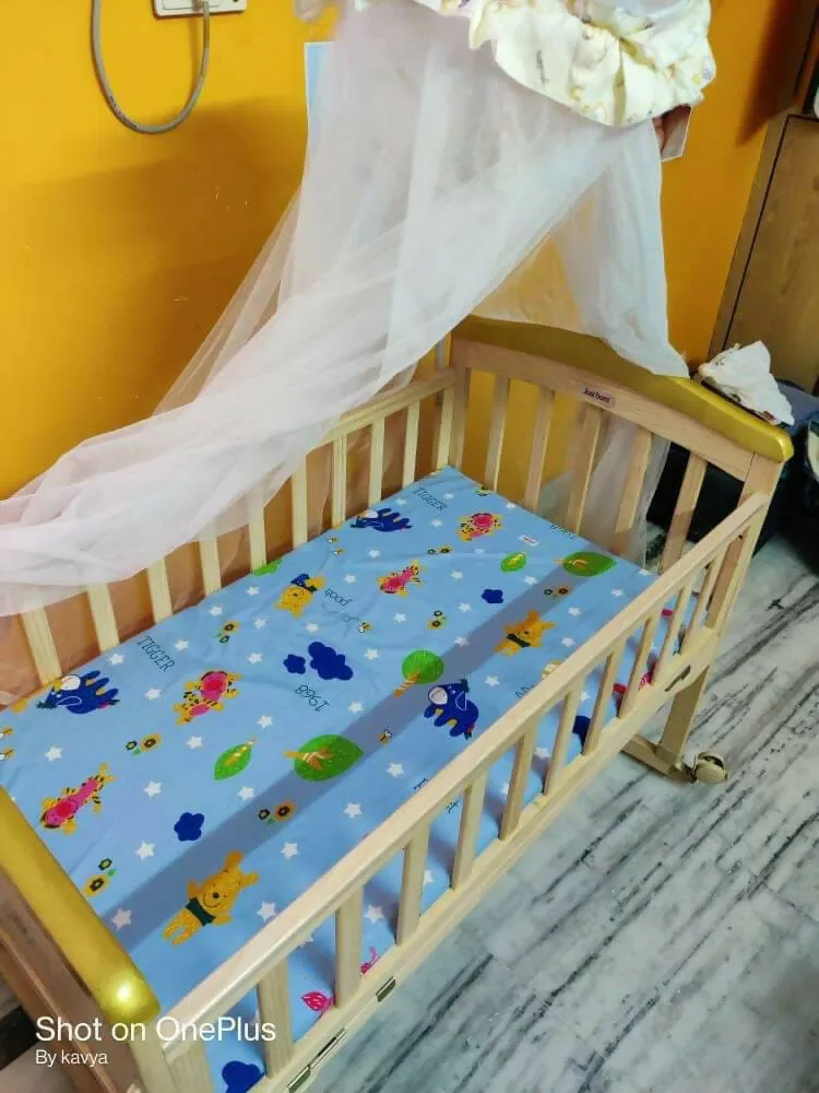 JUSTBORN Rocking Crib with One Side Openable Attached to Bed with Wheels and Mosquito Net , Dimensions:- L -41 inch , W- 24 inch , H- 30 inch