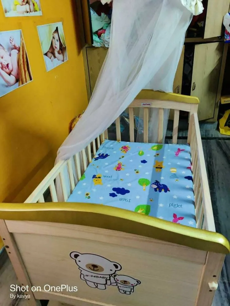 JUSTBORN Rocking Crib with One Side Openable Attached to Bed with Wheels and Mosquito Net , Dimensions:- L -41 inch , W- 24 inch , H- 30 inch