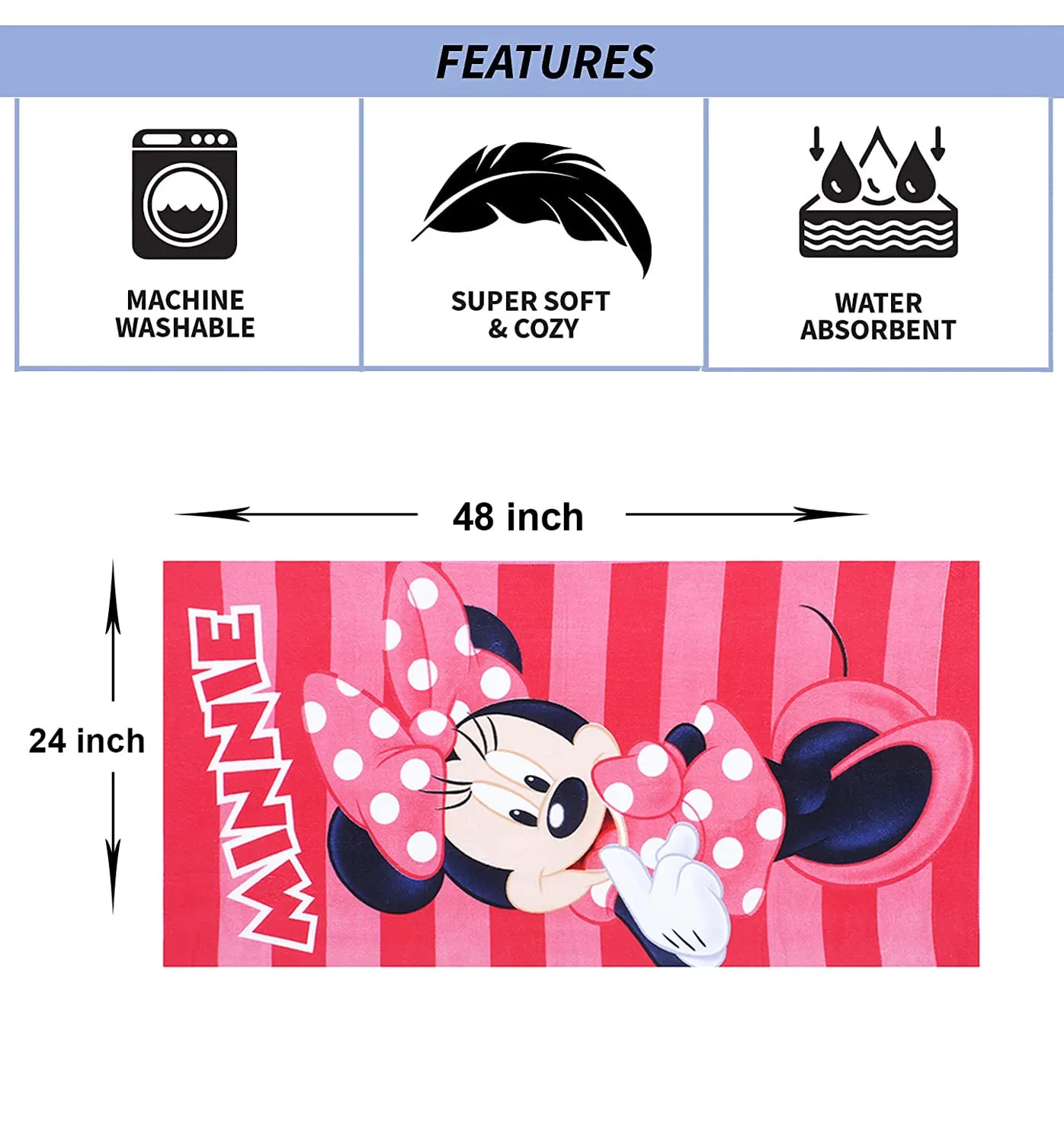 Kuber Industries Disney Minnie Kids Bath Towel|Soft Cotton Towel for Kids|Sides Stitched Baby Towel|400 GSM Toddler Bath Towel|24x48 Inch|Pack of 3 (Pink)