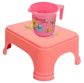 Kuber Industries Printed 2 Pieces Plastic Bathroom Stool & Mug Set (Pink)