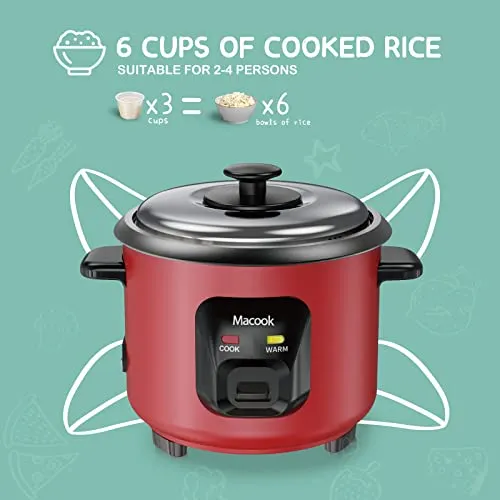 Macook Mini Rice Cooker 0.6 Liters, with Powerful Heating Element, Keep Rice Warm for 5 Hrs, Auto Cut-Off, Aluminum Nonstick Cooking Pans, Red Travel Small Electric Rice Cooker, 2 Yrs Warranty