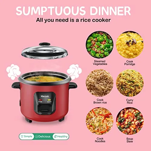 Macook Mini Rice Cooker 0.6 Liters, with Powerful Heating Element, Keep Rice Warm for 5 Hrs, Auto Cut-Off, Aluminum Nonstick Cooking Pans, Red Travel Small Electric Rice Cooker, 2 Yrs Warranty